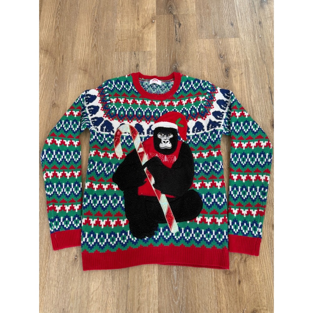 Ugly Christmas Sweater Mens Medium M Red Green Gorilla Candy Cane Y2K Fair Isle